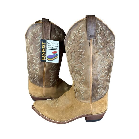 NWT Dan Post Men’s Leather Cowboy Boots Tan Brown Snip Toe 9.5D - Picture 1 of 11